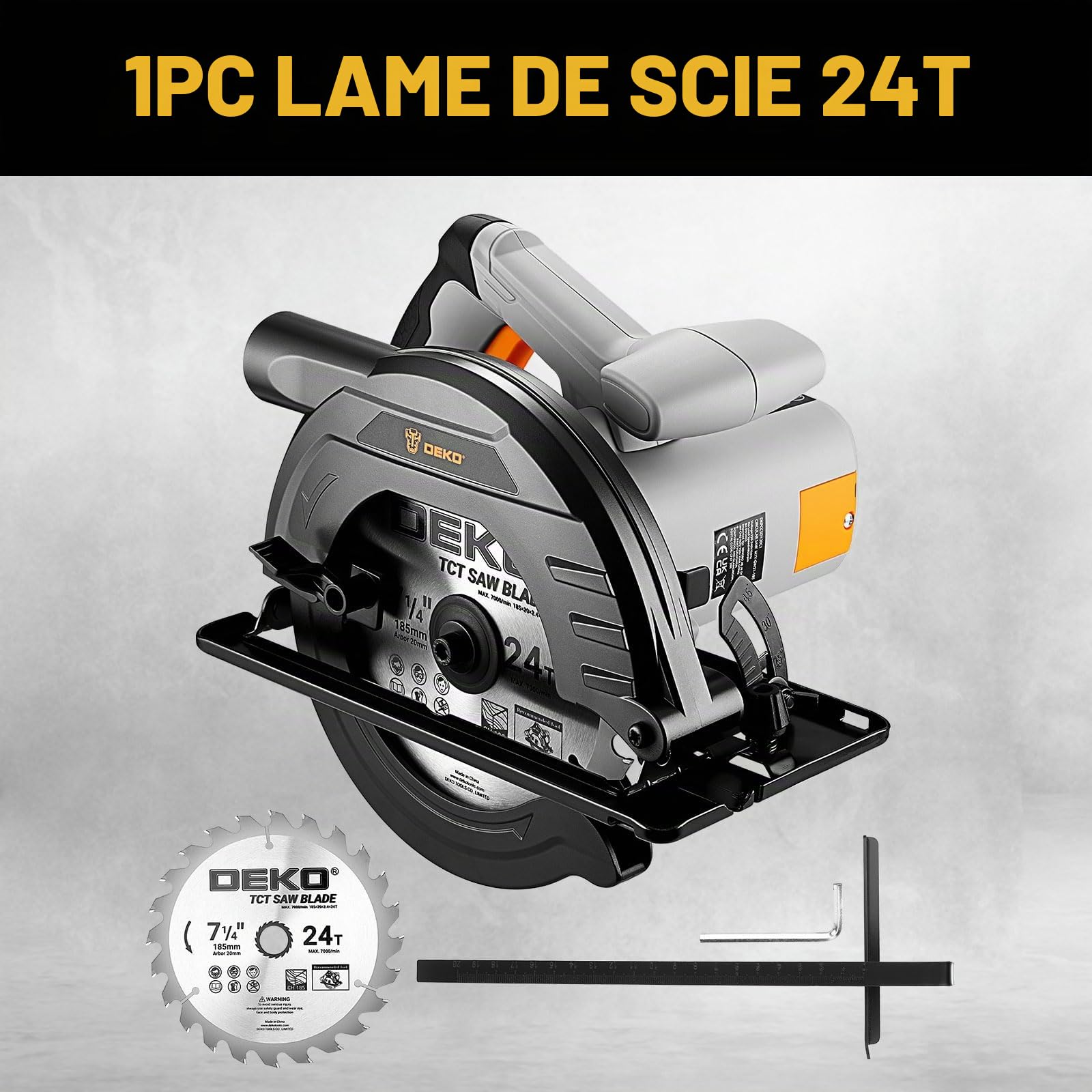 Scie Circulaire 1200W: DEKOPRO Scies Circulaires Électriques Haute Performance avec Lame 185 mm, Coupe de précision 65 mm (90°) et 43 mm (45°), 4800 RPM, avec Rail de Guidage, Parfaite pour Bois, PVC