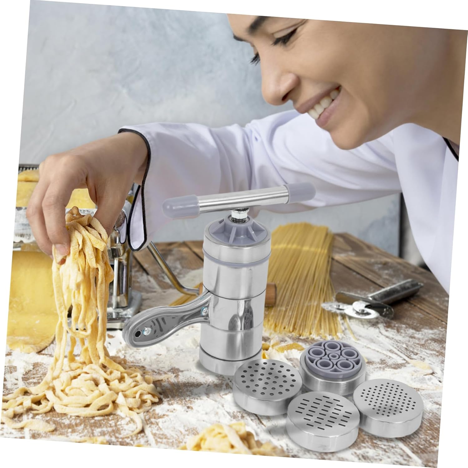 ULTECHNOVO 6pcs Stainless Steel Beekeeping Tool Set Manual Honey Extractor and Noodle Maker Molds for Household Use Versatile Kitchen Equipment for Honey and Fruit Juice Extraction