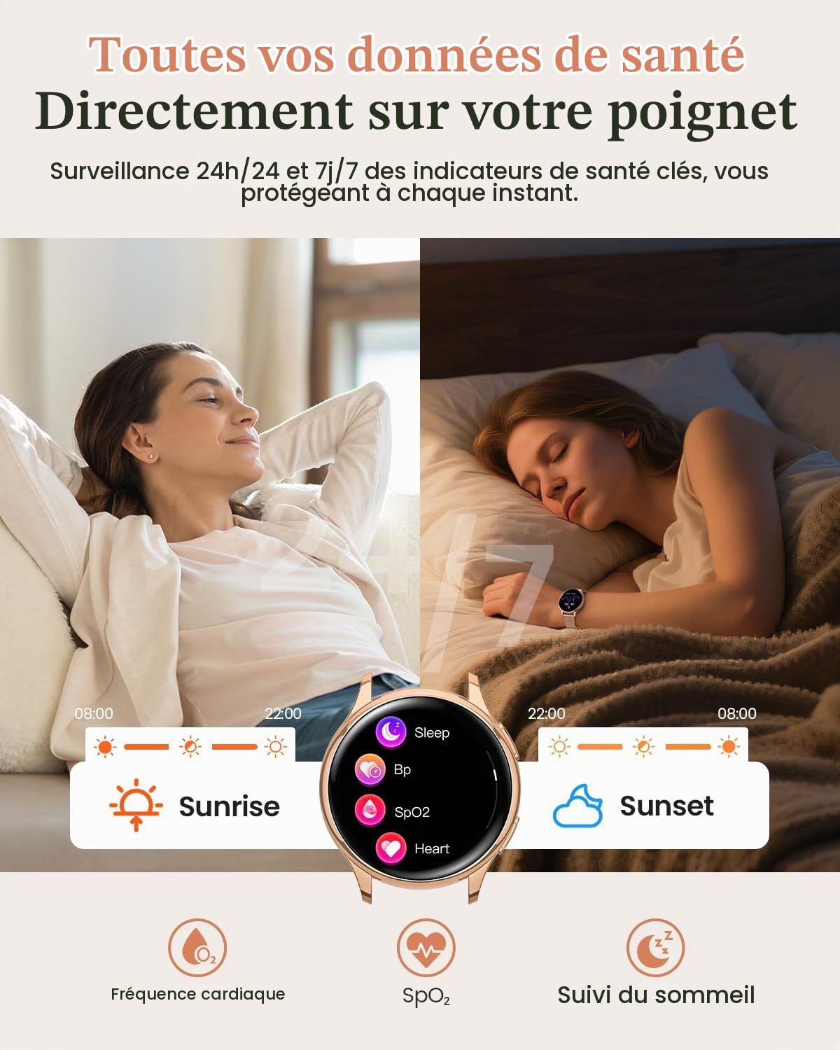 Montre Connectée Femme avec Appel, 1.27" HD Smartwatch Fonction Féminine, 120+ Modes Sportifs, Sommeil, 24H Fréquence Cardiaque, 24H SpO2, Calories, Podomètre, IP68 Android iOS Or Rose