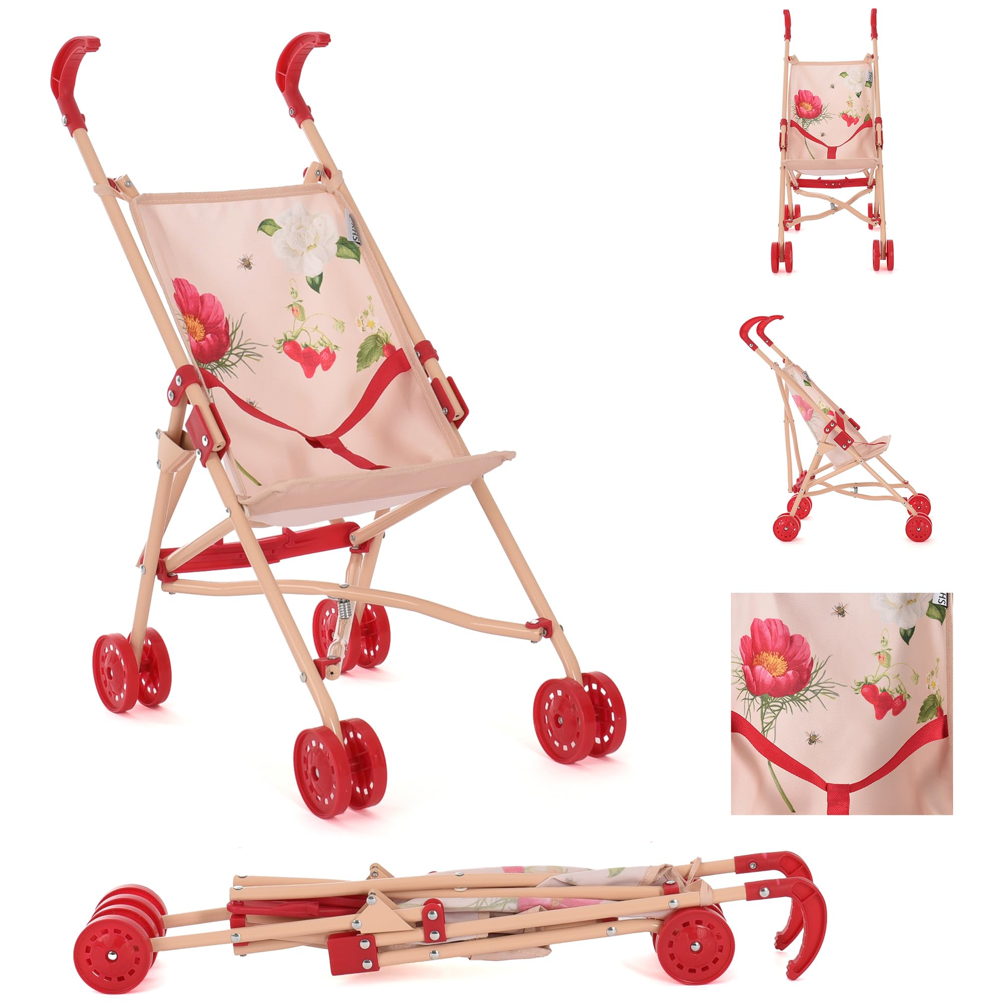 Poussette pour poupée Roma Flora - Jouet écologique avec parapluie pour poupée - À partir de 2 ans, crème/rouge, tissu recyclé, pliable, portable, première poussette idéale pour poupée, cadeau de Noël