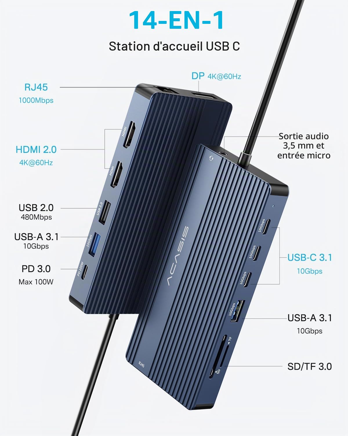 Station d'accueil USB C avec Double HDMI, Station d’Accueil pour Ordinateur Portable avec Triple Affichage, avec 2 HDMI + DP, 10Gbps USB-C, 100W PD, SD/TF- pour MacBook, Dell, Lenovo, Surface