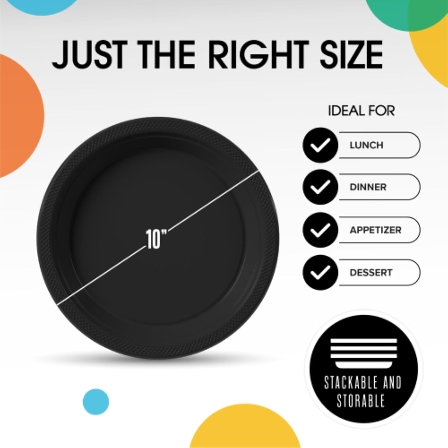 Party Solids Black Plastic Plates For Party 10" Black Disposable Plates For Party Supplies 100 Pcs Plastic Dinnerware Sets Heavy Duty 350 GSM Disposable Dinnerware Set