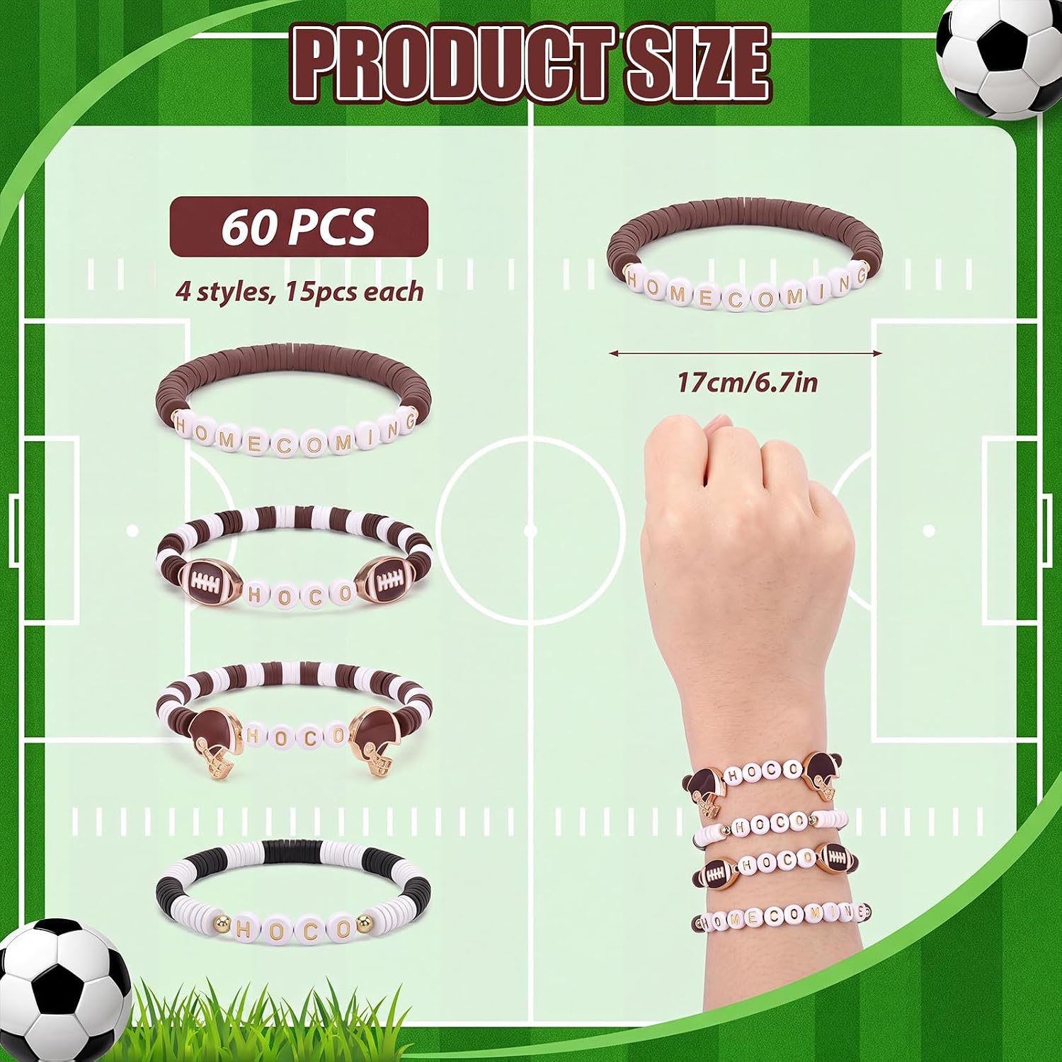Huquary 60 Pcs Homecoming Bracelets for Kids Teens Hoco Football Clay Bead Friendship Bracelets Bulk, Back to School School Spirit Stretch Wristbands for Classroom Party Favors Student Gifts