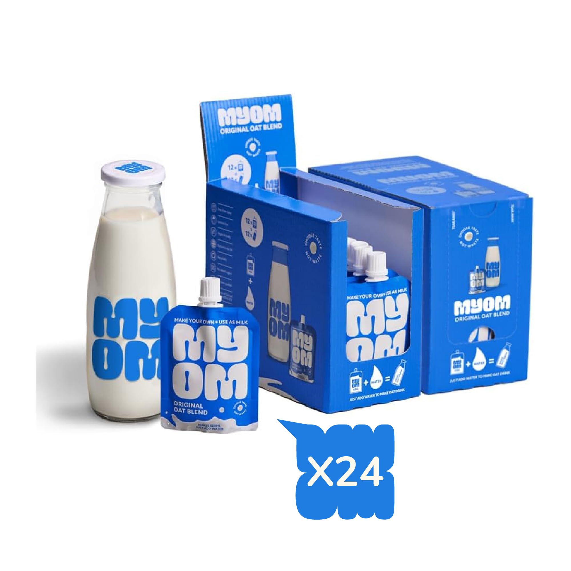 MYOM - Oat Milk Drink with Free Glass Bottle - Makes 12 Litres - 500ml Value Bundle - Vegan Plant Based Oat Drink with Vitamin D3, Vitamin B12 and Iodine - Low Sugar - Dairy Free Plant-Based Milk