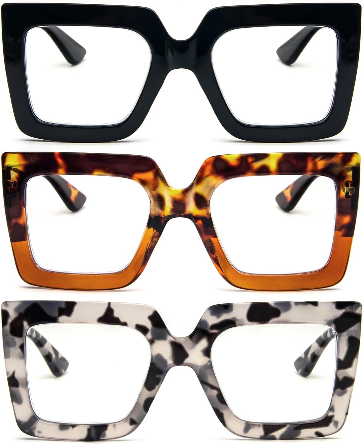 Reading Glasses 3 Pack Large Square Frame with Spring Hinges Women Men - Anti Blue Light Computer Reader +1.5