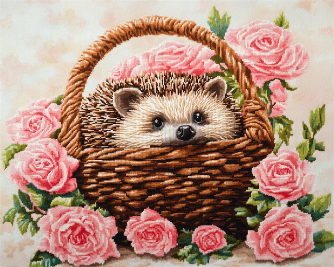AMBATTERY Animal Tapestry Kit Hedgehog in The Flower Basket Latch Hook Rug Set Crochet Rugs Kit Cross Stitch Set DIY Crafts，Gifts，Doormat，Decoration Carpet Making Canvas 21x29in