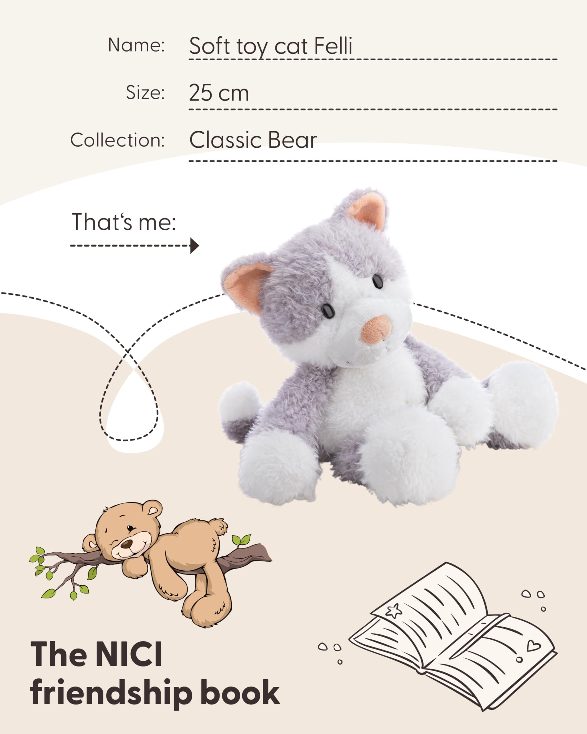 NICI 62956 przytulanka kotek Felli, miękki pluszak, urocza pluszowa zabawka do przytulania i zabawy, dla dzieci i dorosłych, świetny pomysł na prezent, 25 cm, szara
