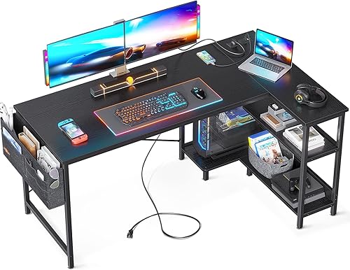 Miniatura 1 de ODK Escritorio pequeño en forma de L de 55 pulgadas con tomas de corriente, escritorio de esquina con soporte de PC y estantes de almacenamiento