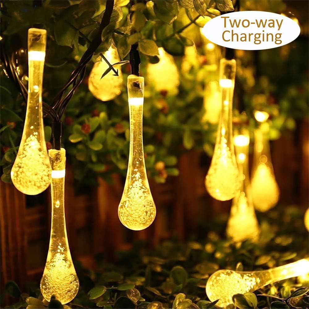 SKYFIRE Updated Version Solar Waterdrop String Light - Two-Way Charging ( Solar & USB Charge ) Waterproof Fairy Lights - 20ft 30LED Warm White String Lights for Home, Garden Decorations