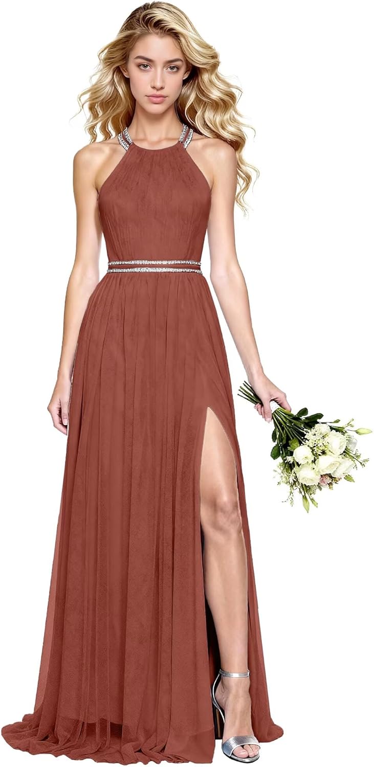 Women's Tulle Bridesmaid Dresses Halter Wedding Party Gowns Sleeveless Prom Evening Dresses with Slit