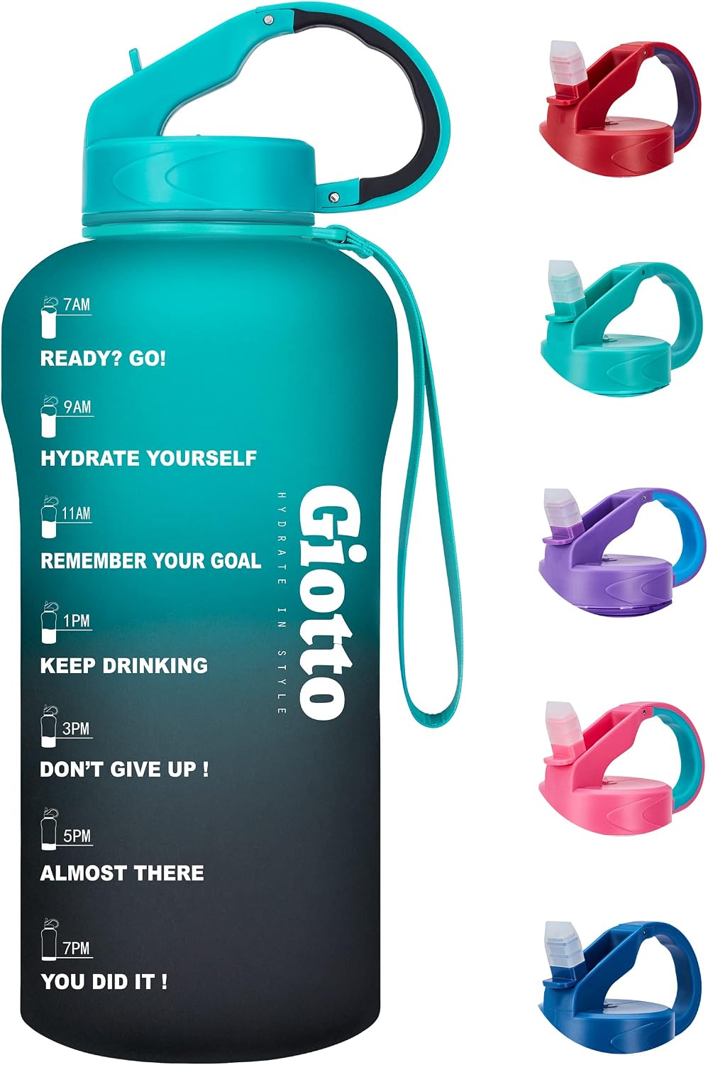 Giotto 64oz Leakproof BPA Free Drinking Water Bottle with Time Marker to Ensure You Drink Enough Water Throughout The Day for Fitness and Outdoor Enthusiasts