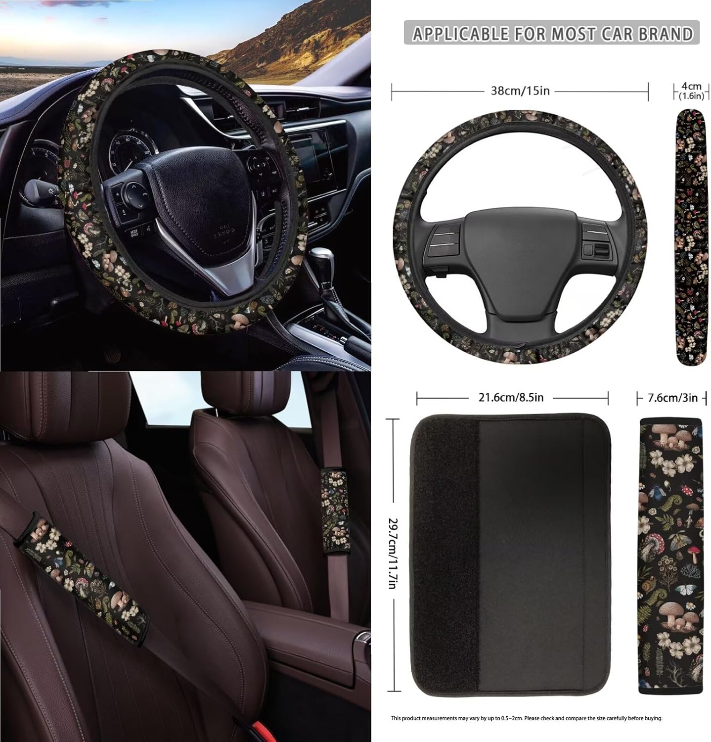 Cottagecore Mushroom Snail Moth Fern 15Pcs Car Seat Cover Full Set Car Steering Wheel Cover Seat Belt Cover Trash Bin Air Vent Storage Box Front Rear View Mirror Car Cup Holder Keychain image 3