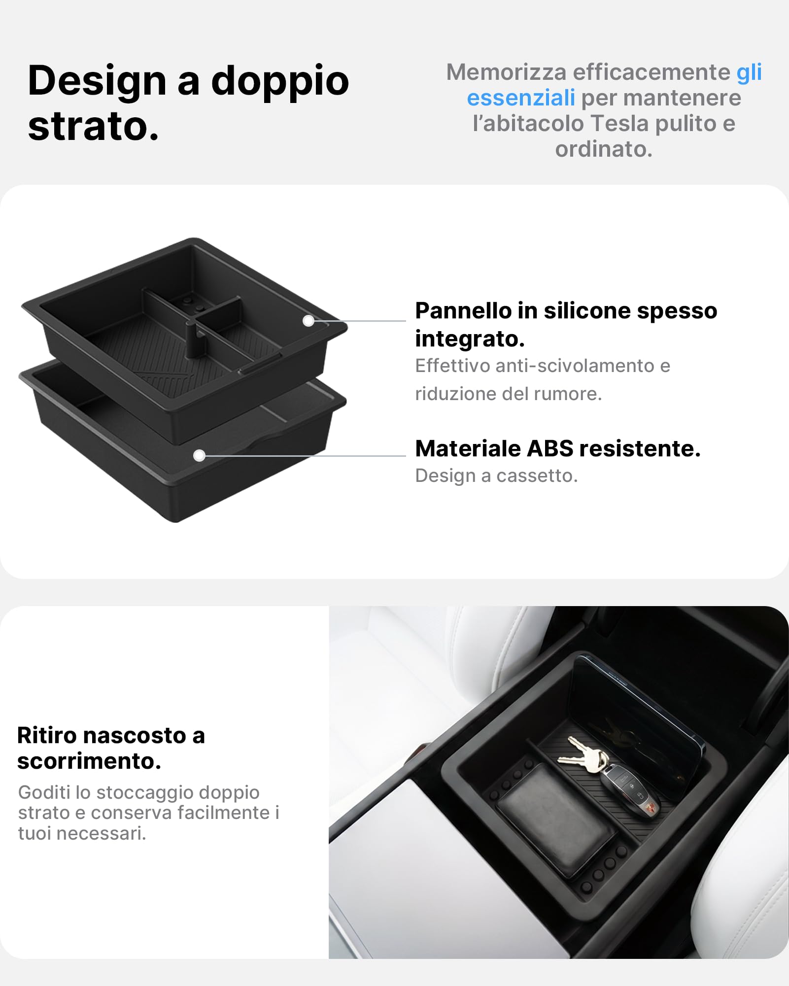 Set 4 Organizer Per Consolle Centrale Tesla Model 3 Highland 2024-2026 & Model y Juniper 2025-2026 (Premium/Performance) – Vano Magnetico Nascosto, Antiscivolo, Senza Attrezzi