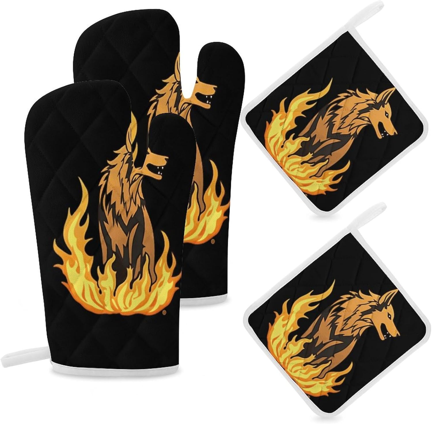 Fire of The Wolf 4 Pcs Oven Mitts and Pot Holders Set High Heat Resistant Long Kitchen Oven Glove Potholders