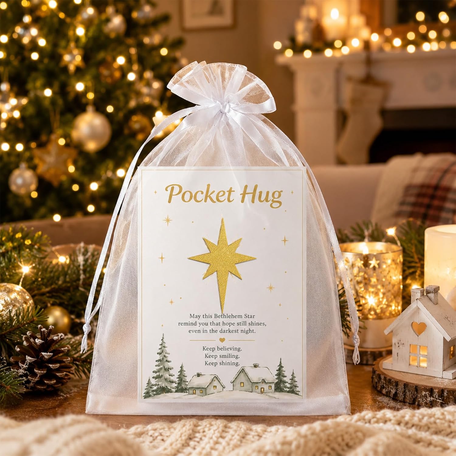 BORNERWHITE 50 Pack Gold Bethlehem Star Pocket Hug with Cards Bags