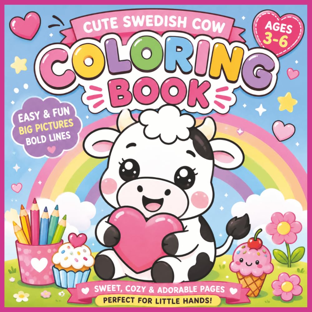 Cute Swedish Cow Coloring Book: Cozy Kawaii Cow Fun with Big Bold Simple Designs