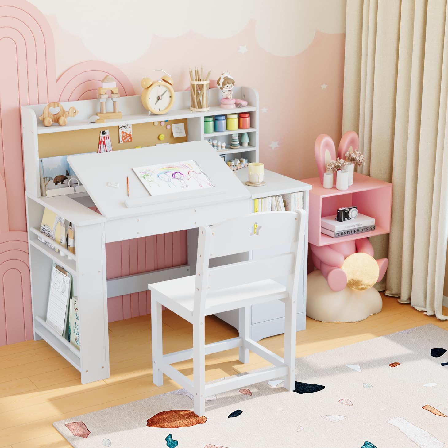 Garvee Kids Study Desk & Chair Set with Storage, Kids Study Desk with Hutch and Tiltable, Wooden Children Table with Storage Cabinet for 3-8 Years Old, Student Writing Table for Bedroom