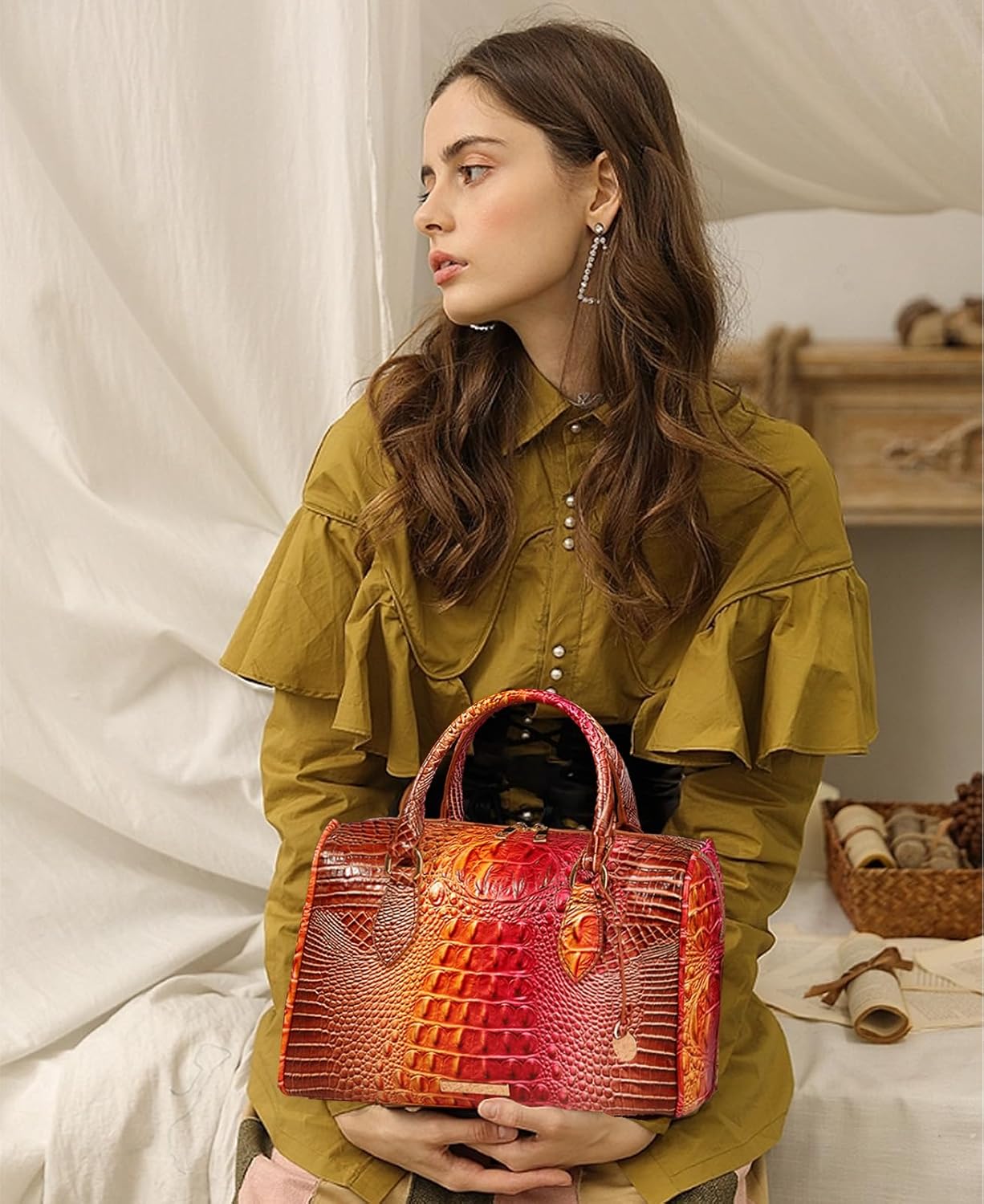 Top-Handle Crocodile Purses For Women Crossbody Leather Bags Trendy Large Capacity Tote with Shoulder Strap - Image 2