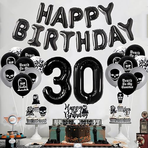 Miniatura 5 de Decoraciones negras de cumpleaños número 30 para mujeres u hombres, decoraciones de muerte a mis 20, pancarta de la muerte a mis veinte con el