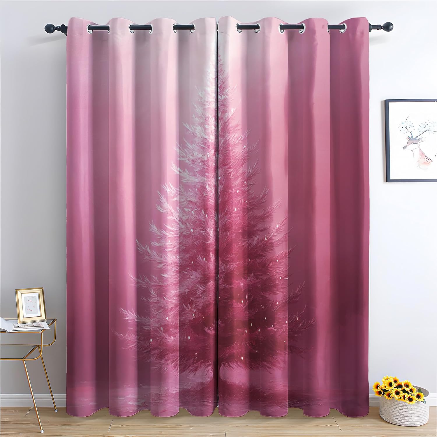 Christmas Tree Blackout Curtains 39 Inch Length, Snowflakes Curtains for Bedroom Living Room Decor, Pink Xmas Black Out Grommet Window Drapes 27.5 x 39, 2 Panels Set