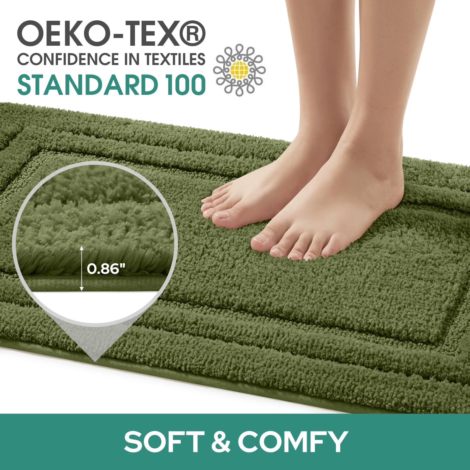 HOMEIDEAS Bathroom Rugs Sets 3 Piece, Super Soft and Absorbent Non Slip Microfiber Toilet Bath Mat with U-Shaped (Sage Green)
