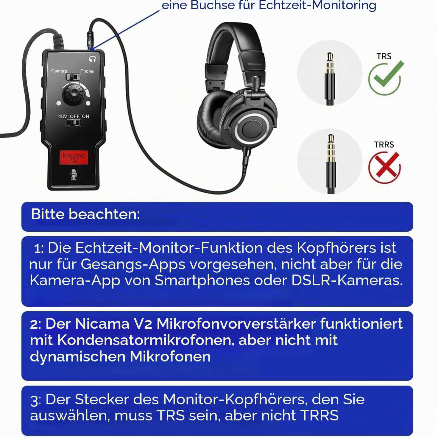 Nicama V2 Mikrofonvorverstärker für iPhone iPad DSLR Kamera, XLR Buchse auf 3,5 mm TRS und TRRS Adapter mit Phantomspeisung für Shotgun oder Kondensatormikrofone