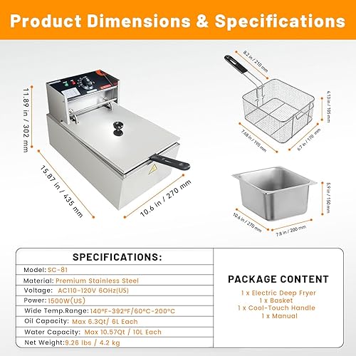 Miniatura 5 de Freidora comercial con canastas, 1500 W, 9.1 cuartos de galón8 L, desmontable de gran capacidad, de acero inoxidable, freidora de aceite eléctrica