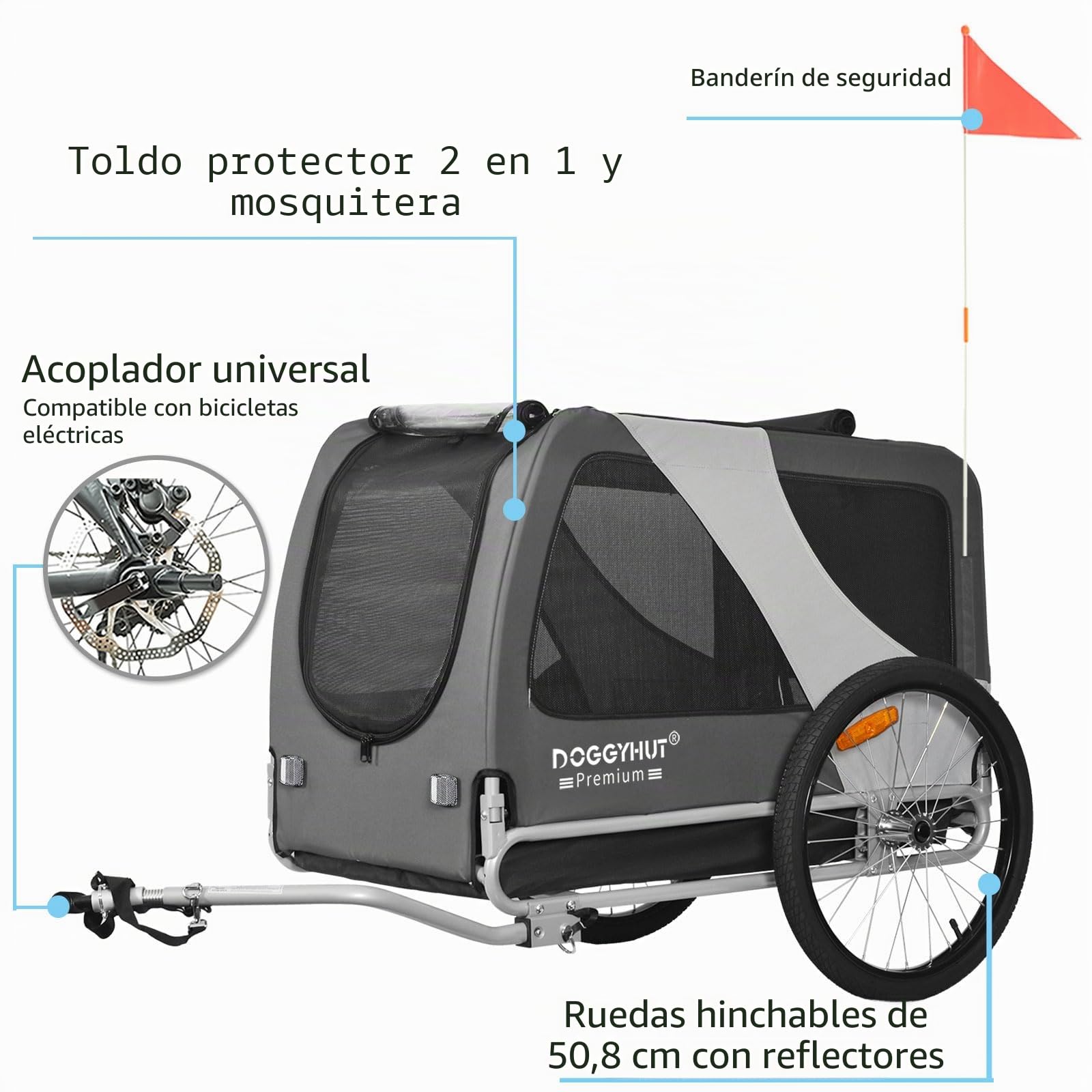DOGGYHUT® 80103 Premium XL Remolque de bicicleta para perros hasta 45 kg Remolque de bicicleta para perros y perros grandes
