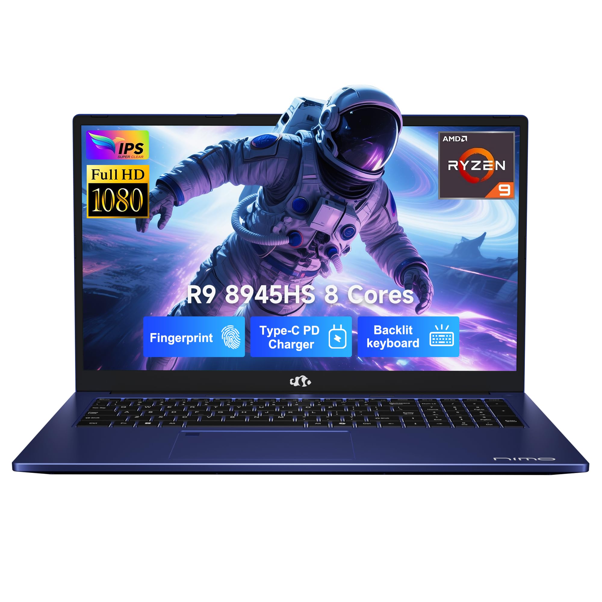 NIMO 17.3 Gaming-Laptop Ryzen 9 8945HS (Beat i9-13900H, Up to 5.2GHz) 16GB RAM, 1TB SSD, Radeon 780M, PD 100W Type-C AI-Enhanced for Copilot VR Ready, Backlit Keyboard, Fingerprint, 75W Battery