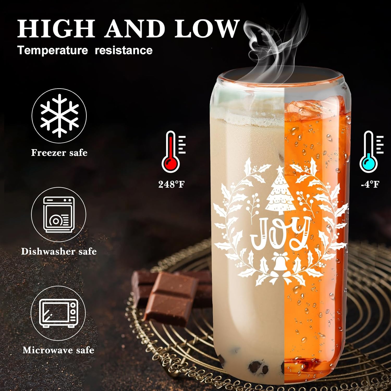 meekoo 8 Pcs Christmas Drinking Glasses Bulk, 16 oz Christmas Glass Cups with Lids and Straws, Clear Xmas Tumblers Mason Jar Cups for Iced Coffee Holiday Gifts(Elegant)