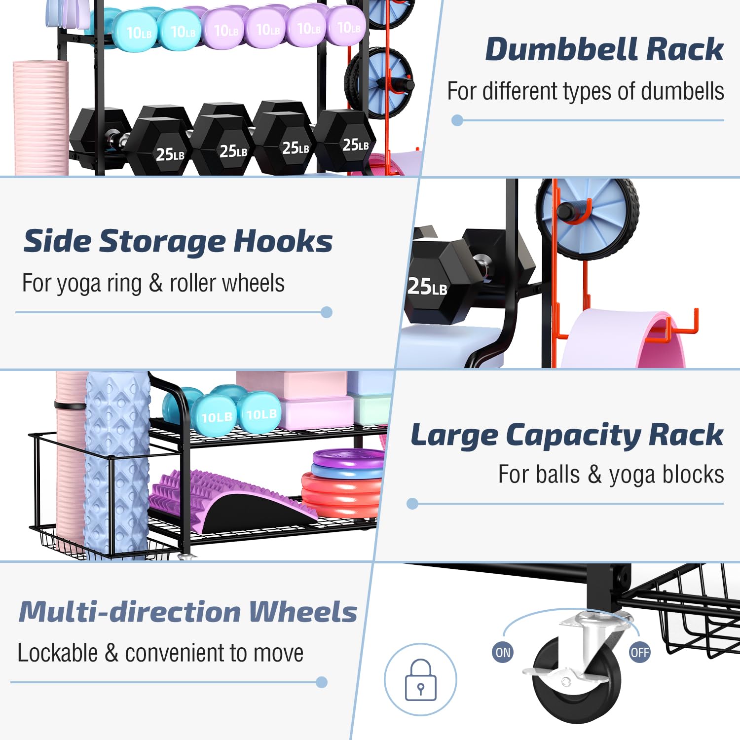 Mythinglogic Yoga Matte Regal, Yogamatte Organizer für Hanteln, Faszienrolle, Kettlebell und Yoga Block, Zuhause und Fitnessstudio Lagerregal Sportgeräte standregal