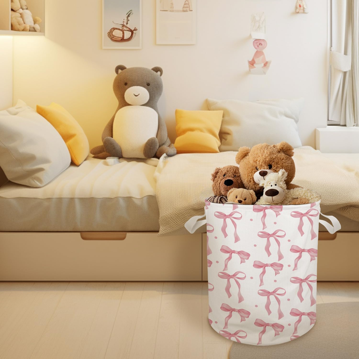 Pink Bow Girl Laundry Basket Hamper, Toybox for Girls, Coquette Preppy Bow Waterproof Collapsible Storage Bin Organizer for Bedroom Bathroom Girls Room Dorm Clothes Toys Books