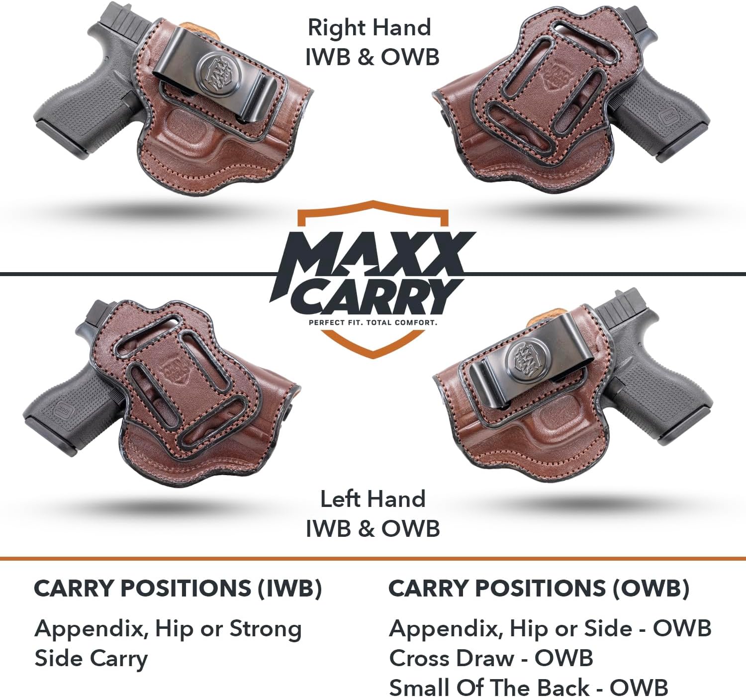 Maxx Carry Multi-Carry 4-Way OWB & IWB Leather Gun Holster fits G 42 380 Auto | Ruger EC9s, LC9s, LC9 | SCCY CPX-2 | Taurus Spectrum | Beretta Tomcat | Diamondback DB9 | Kahr PM9, MK9, CM9, CW40