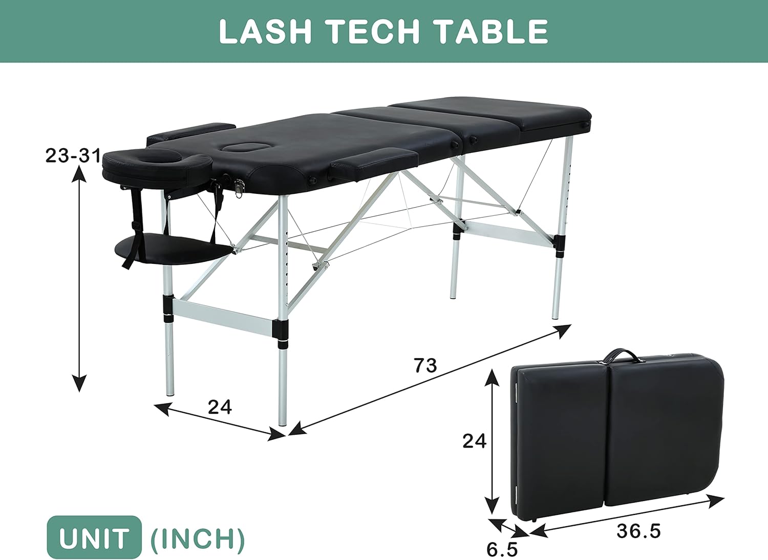 Massage Tables Portable Lash Bed 73 inch Aluminium Tattoo Table Height Adjustable Portable Spa Bed 3 Folding Chiropractic Table w/Carry Case/Face Cradle/Hand Pallet for Travel Physical Therapist