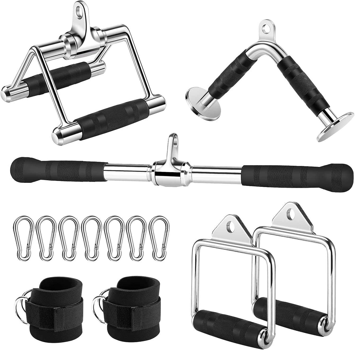 Lat Pulldown Attachment, Cable Machine Attachments for Gym, Home Gym Cable Weight Accessories: Tricep Rope, V Shaped Bar, V Handle, Straight Bar, Double D Handles, Exercise Handles, Ankle Straps