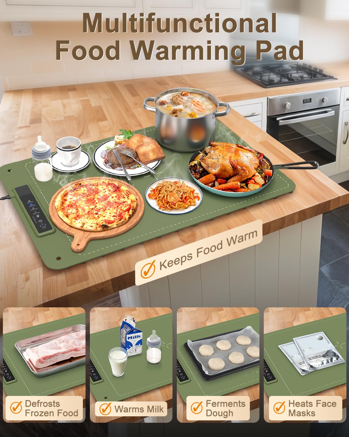 Mojimdo Warming Plate Wärmeplatte für Speisen – Lebensmittelechtes Silikon, 3 Temperaturstufen, vollflächige Erwärmung, flexibel aufrollbar & aufhängbar, ideal für Zuhause, Buffets & Partys – Grün