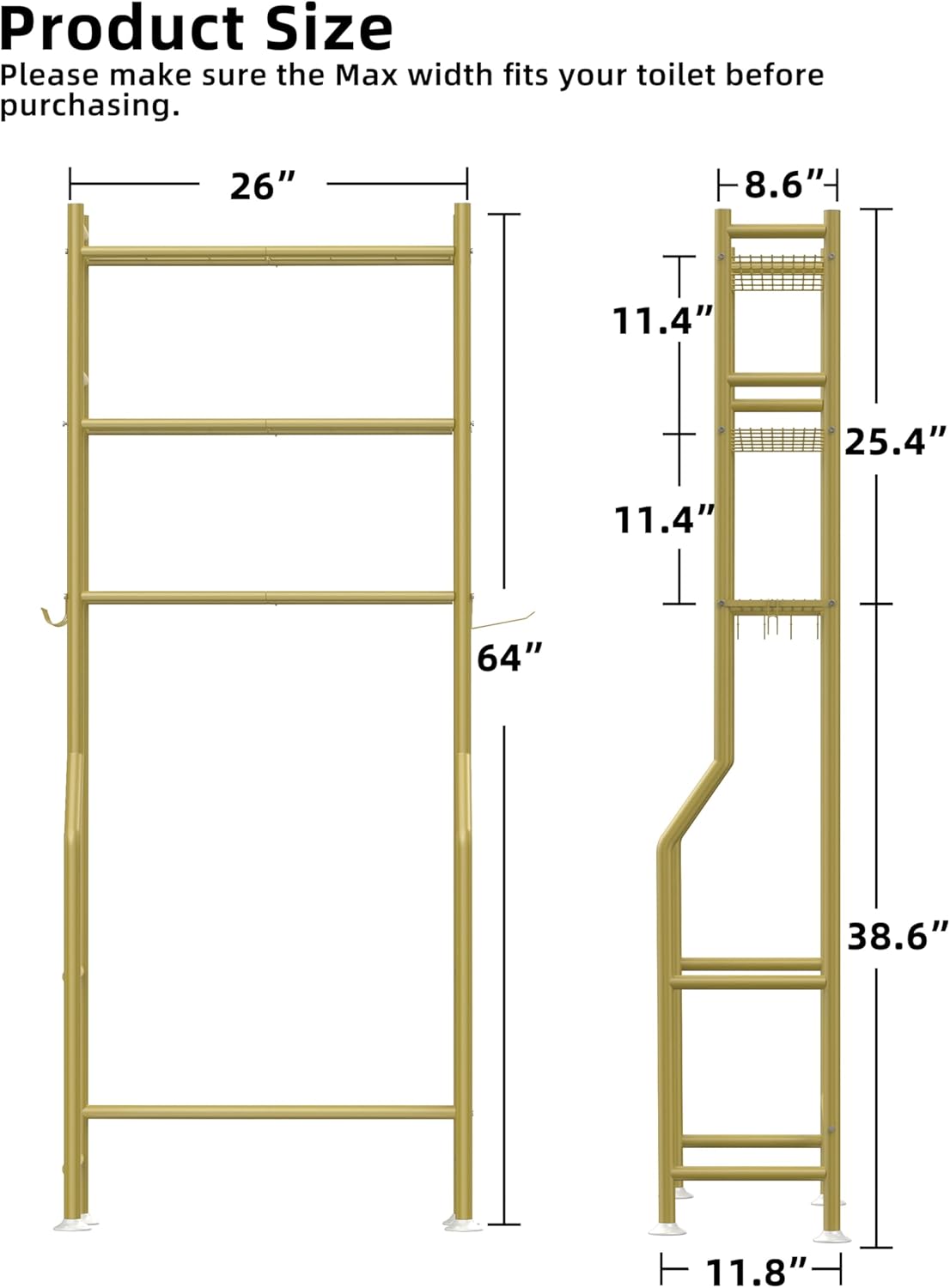 Livilord 3-Tier Over The Toilet Storage, Freestanding Metal Bathroom Shelves with 4 Hooks, Over Toilet Storage Shelf with Paper Holder, Above The Toilet Shelf for Bathroom Storage, Gold