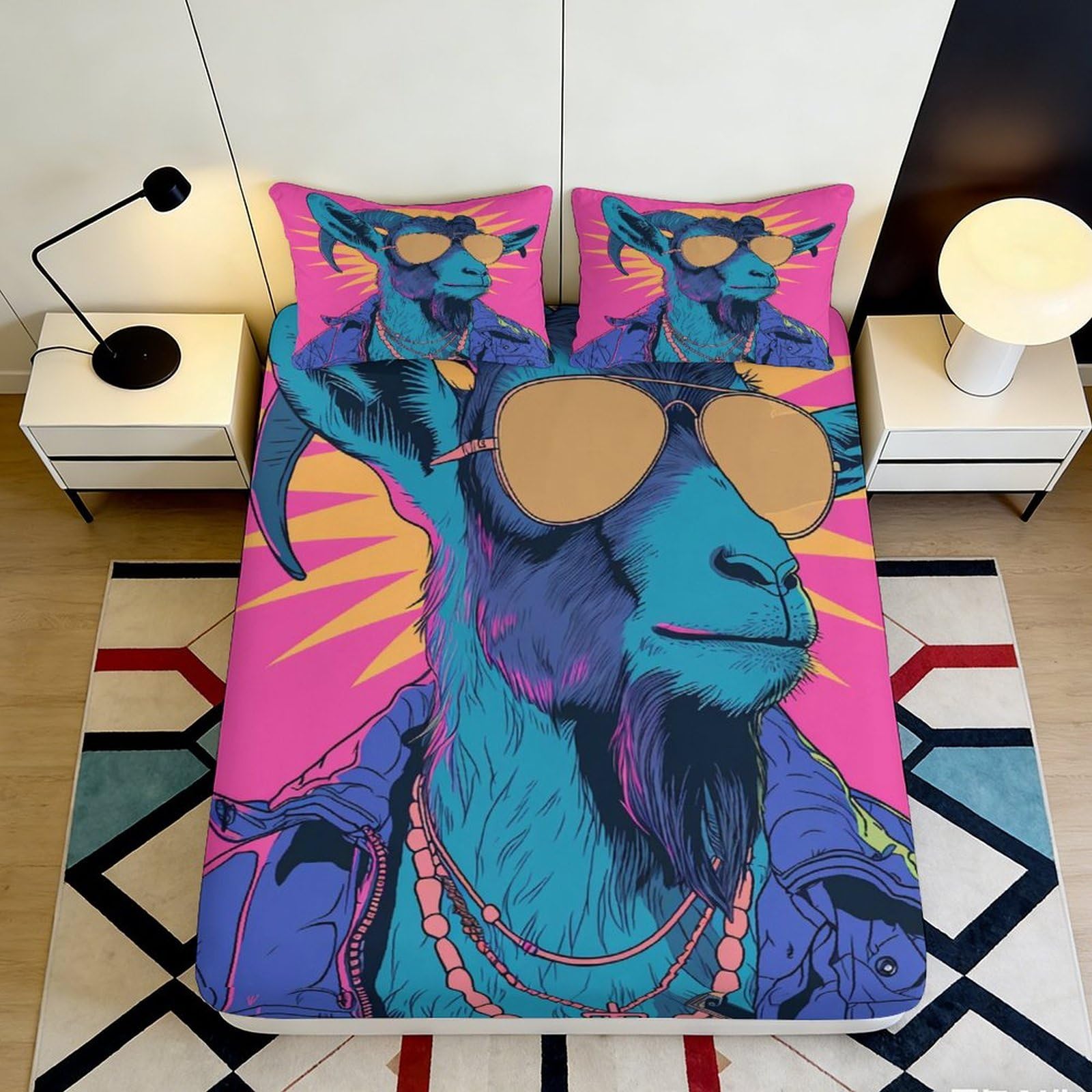 3D Printed Cool Goat Sunglasses Fitted Sheet Microfiber Colorful Animal Bed Cover for Bedroom Dorm Mattress Decor 160x200x25cm