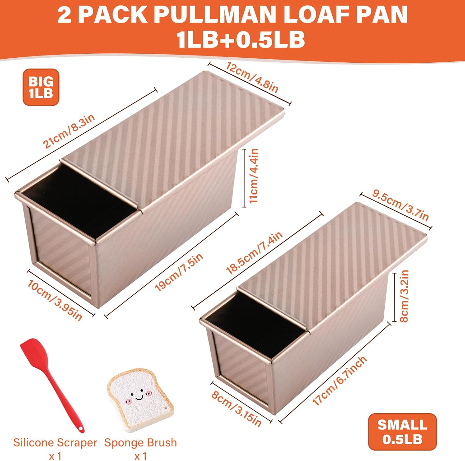 2 Pack Pullman Loaf Pan with Lid, 1 lb/0.5 lb Dough Capacity for Homemade Bread, Non-stick Corrugated Carbon Steel Bread Toast Box with Cover for Bakeware, Sandwich & Toast Oven Baking, Gold - Image 2