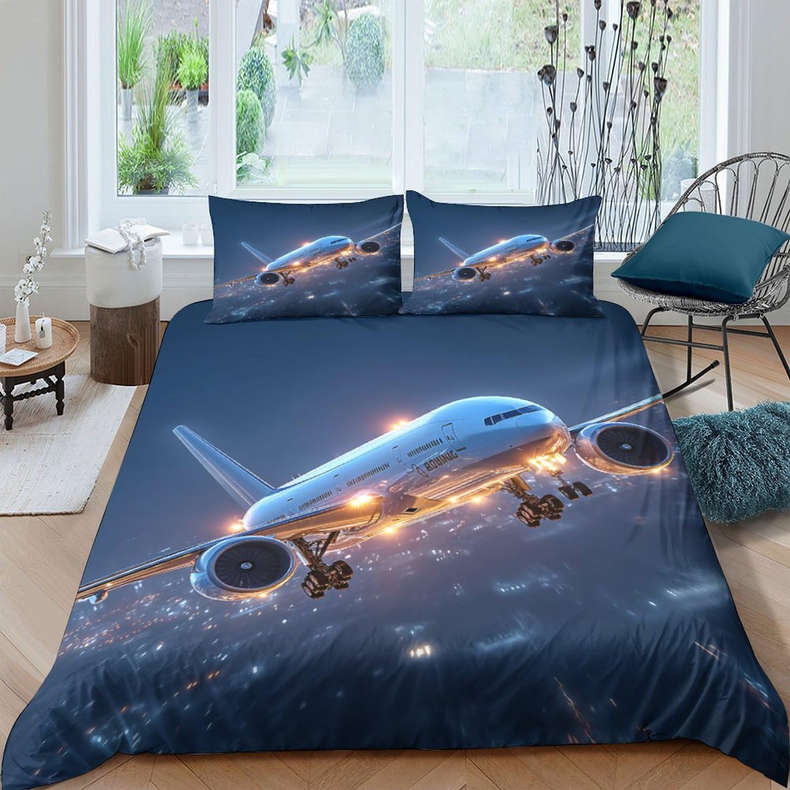 Ctjqhvkz Style-8 3D Printed Blue Airplane Fitted Sheet Microfiber Soft Breathable Night Flight Bed Cover For Bedroom Guest Room Single（135X200cm）