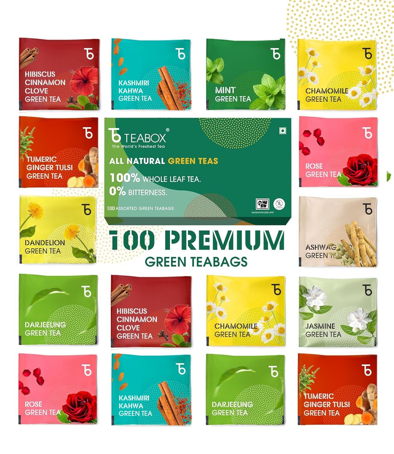 Wellness Green Tea Sampler Pack - 100 Assorted Tea Bags, 10 Flavors × 10 Each | Whole Leaf, 0% Bitterness | Green Tea Variety Pack for Every Mood