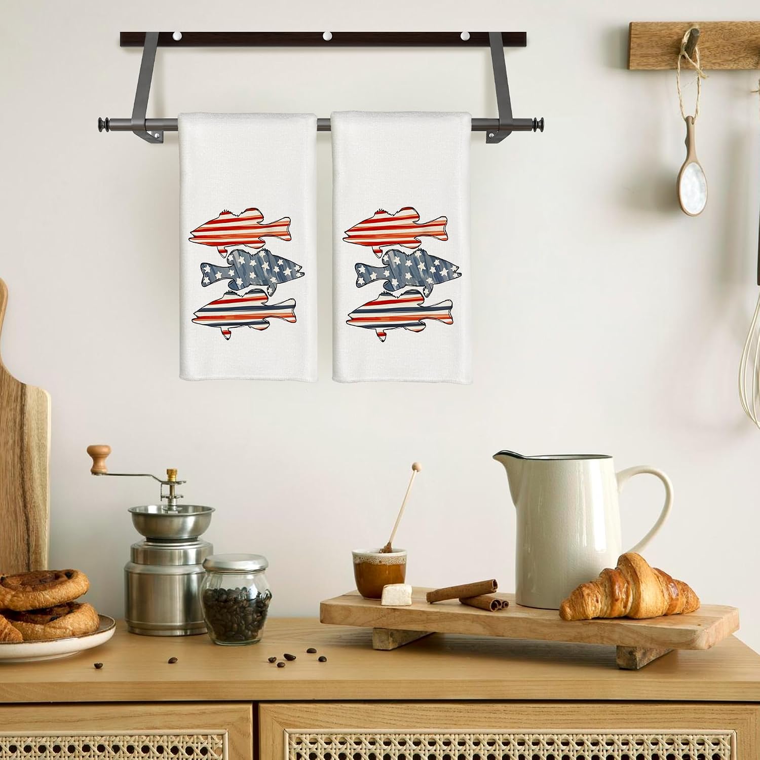 Condition photo showing New/Like New for red white and blue fish kitchen towels, 4th of july fish patriotic dish tea towels for kitchen decor, american flag independence day decorative hand towels for bathroom, 16x24 inch