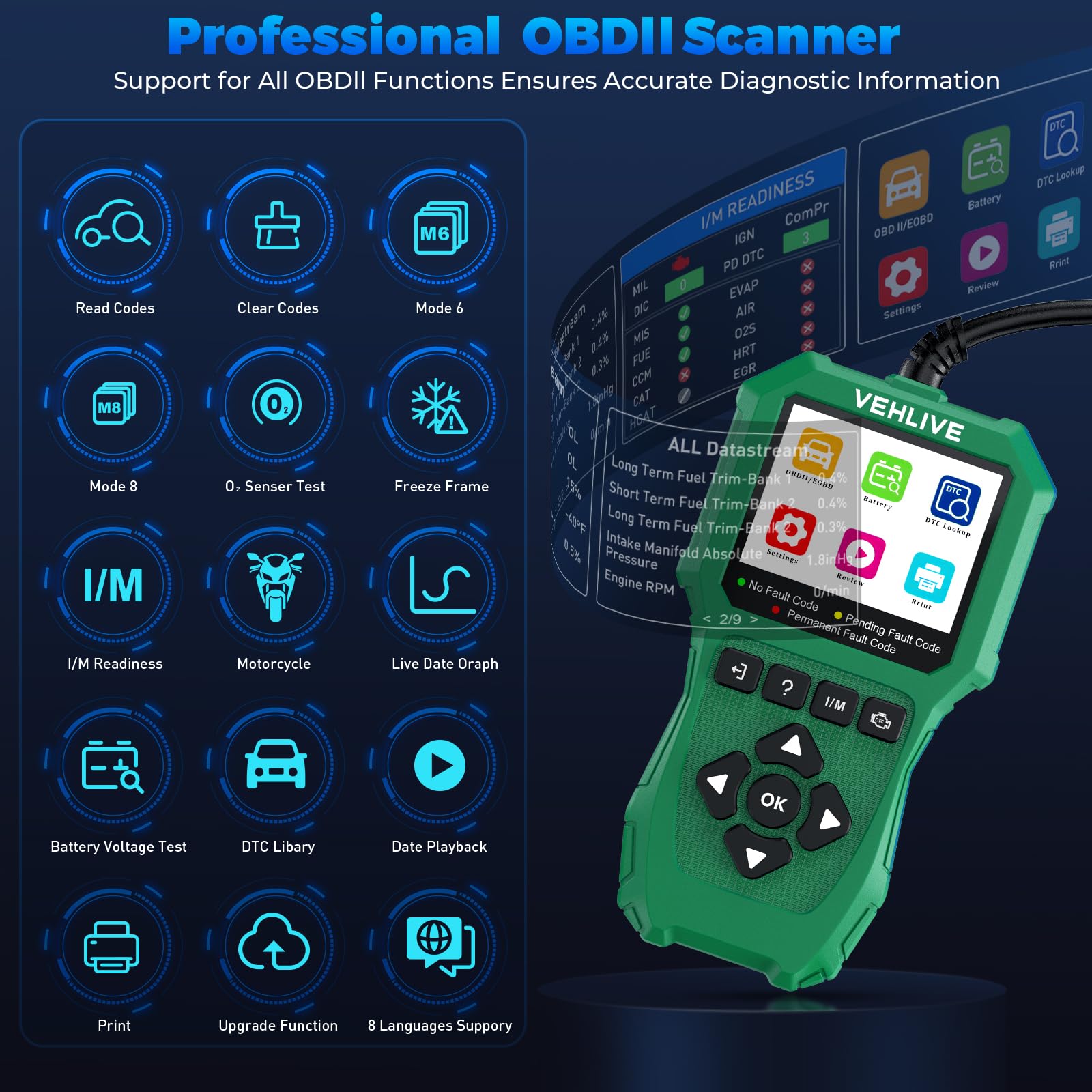 Outil de mesure de diagnostic de système de moto, scanner OBD2 avec test de tension, lecteur de code défaut de moto avec test rapide compatible avec Yamaha, Honda, Kawasaki, Generation, KYMCO