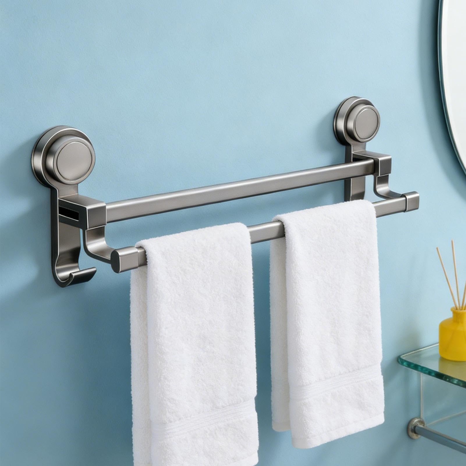 Barra Para Toallas De Soporte Sin Taladros Con Dos Ganchos | Portatoallas Sin Perforación para Apartamento Casa Baño Espejo Azulejo Pared Lisa