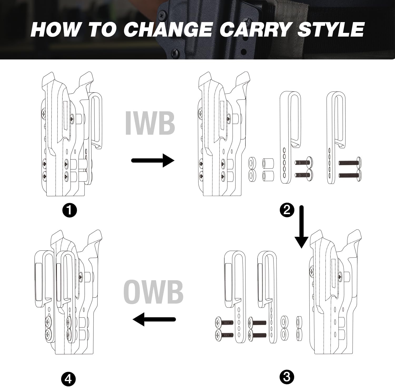 WARRIORLAND IWB & OWB Convertible Holster, Select Fit Glock 43X/ 17/19/ 19X/ 22/23/ 26/31/ 32/43/ 44/45, Taurus G2C/ G3C, 1911 5" No Rail, Sig P320 M17/ M18, Optic Cut & Adj. Ride Height, Right Hand