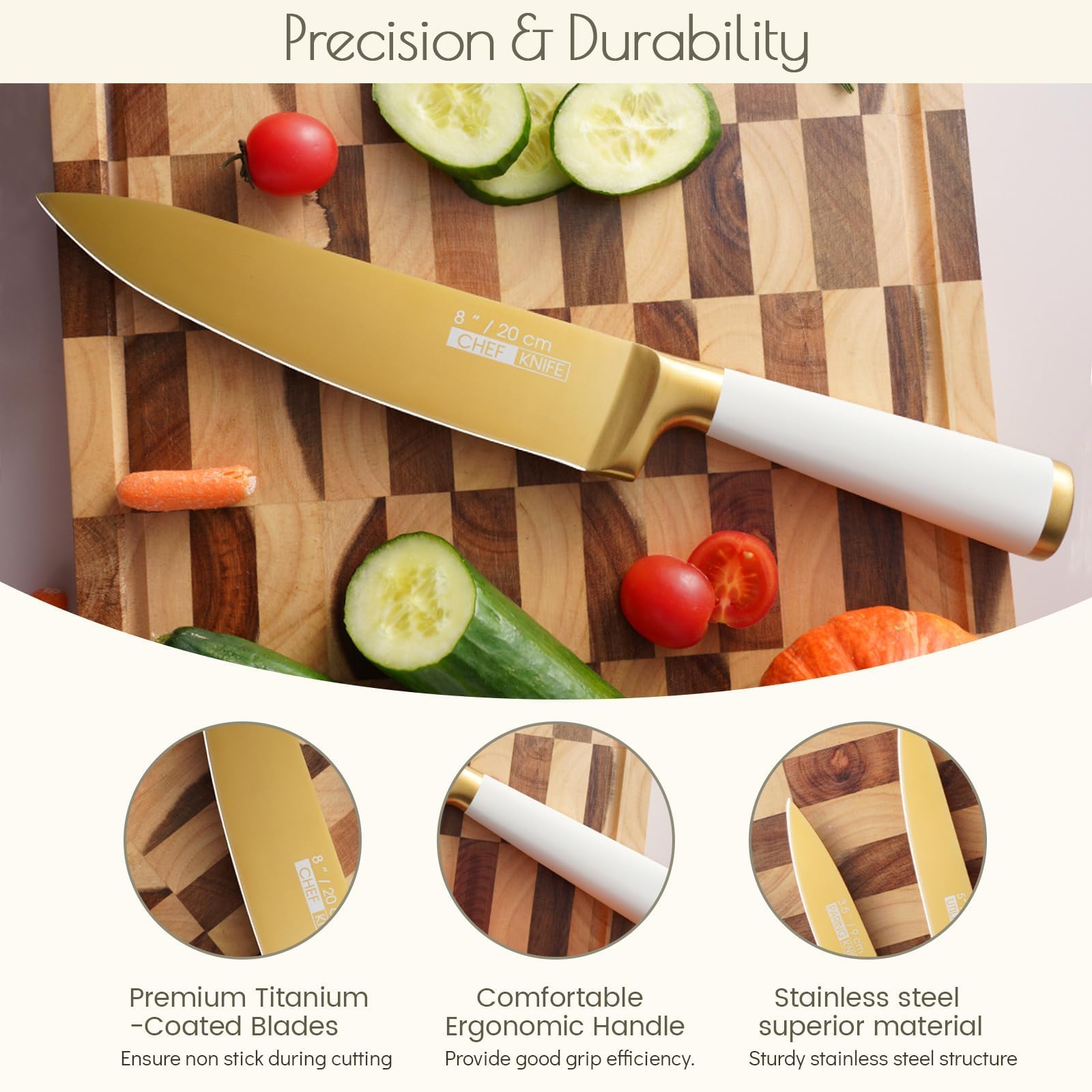 Justup Ensemble de couteaux, ensemble de 6 couteaux revêtus de titane avec bloc en bois rose, ensembles de couteaux de chef en acier inoxydable tranchants pour la cuisine, aiguiseur intégré (Blanc)