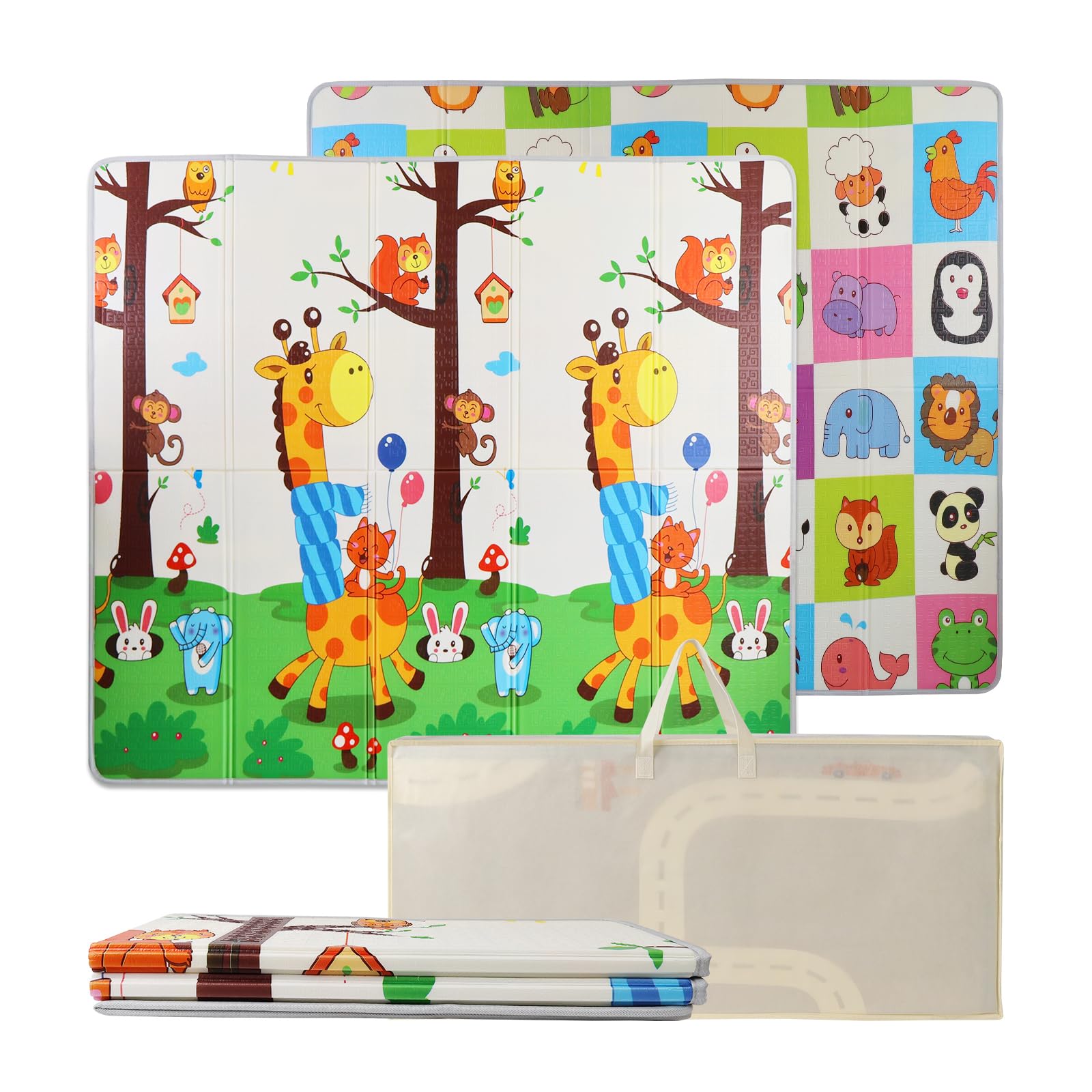 Baby Floor Playmat 150 x 150 cm, Foldable Reversible Crawling Mat,Giraffe