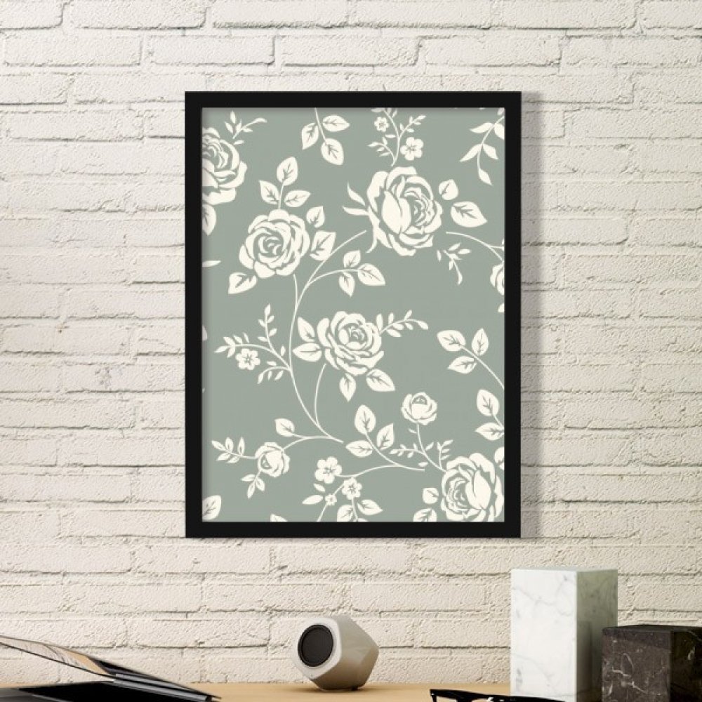 Illustration de plante et fleur rose dans son cadre photo en bois noir pour salon