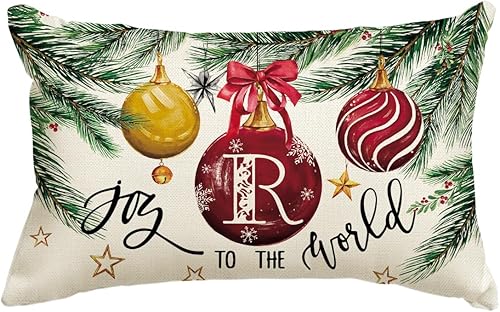 AVOIN colorlife Funda de almohada con monograma de Navidad, 12 x 20 pulgadas, diseño de letras de apellido Joy to The World, decoración con