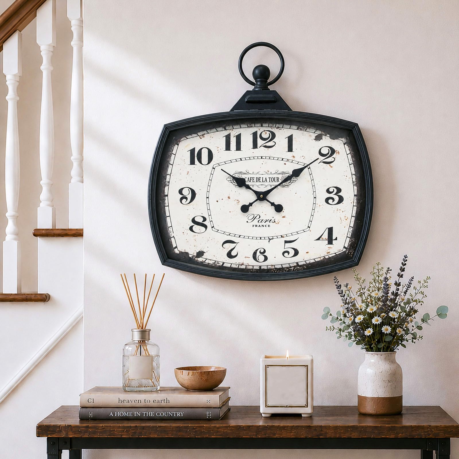 Horloge murale vintage rectangulaire pour salon et cuisine design ancien noir